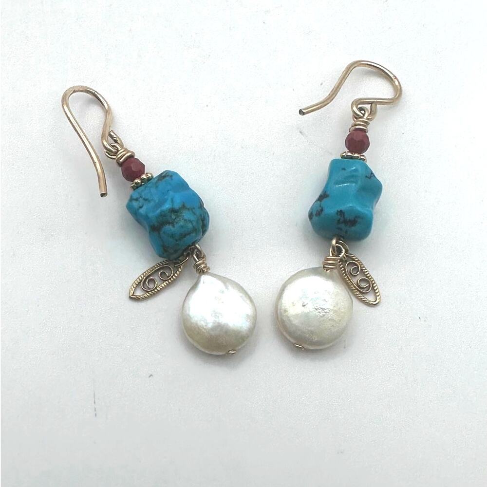 14k GF Earring Faux Turquoise Nugget Freshwater Pearl Drop Boho Western Artisan
